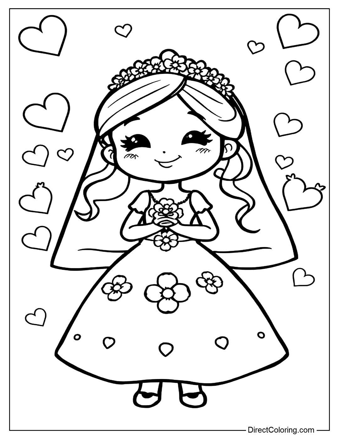 Cute Girl with Wedding Dress Coloring Page